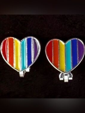 Beautiful heart shape, rainbow striped pride clip on earrings